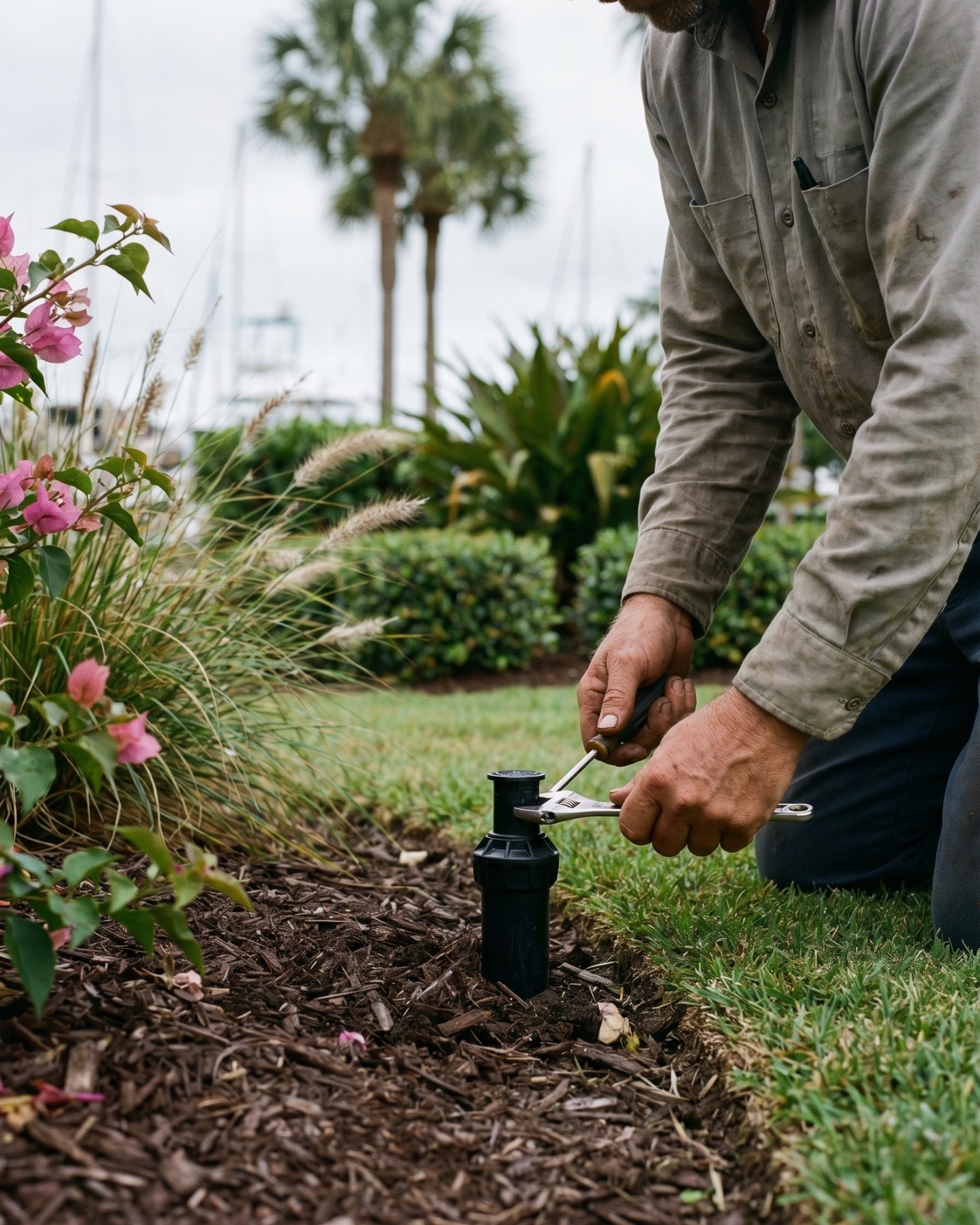ManageMowed technician inspecting an irrigation zone in a mulched commercial bed with Cape Coral waterfront towers in the background