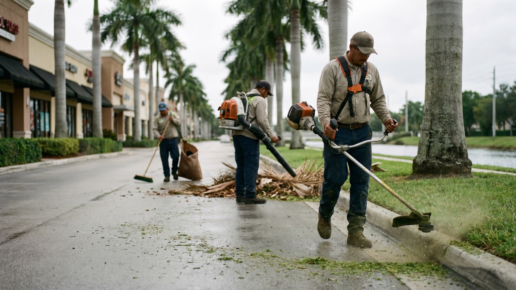 ManageMowed crew edging and clearing a Cape Coral commercial property after a summer afternoon thunderstorm