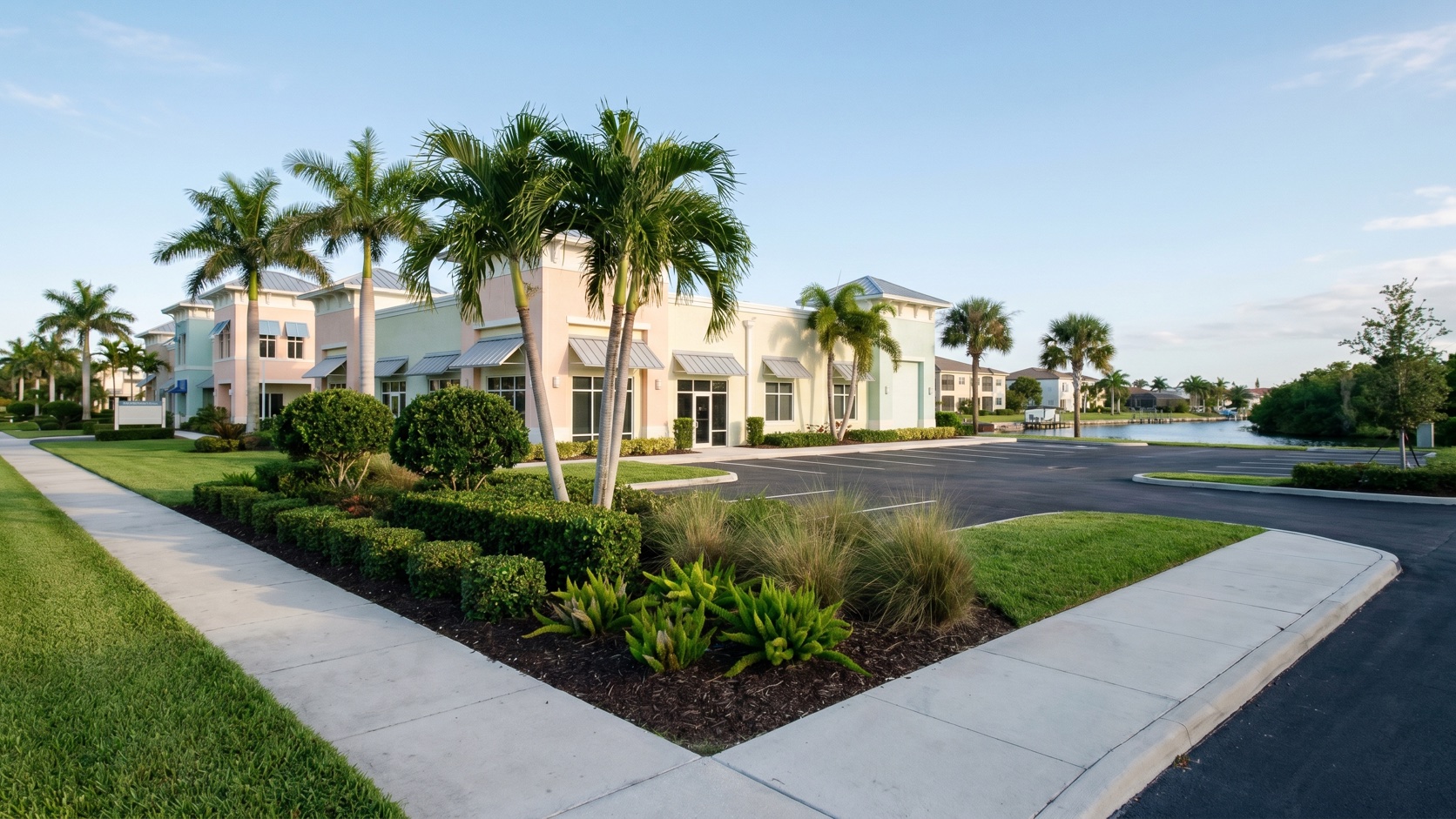 Immaculate palm-lined commercial exterior maintained by ManageMowed in the Cape Coral area